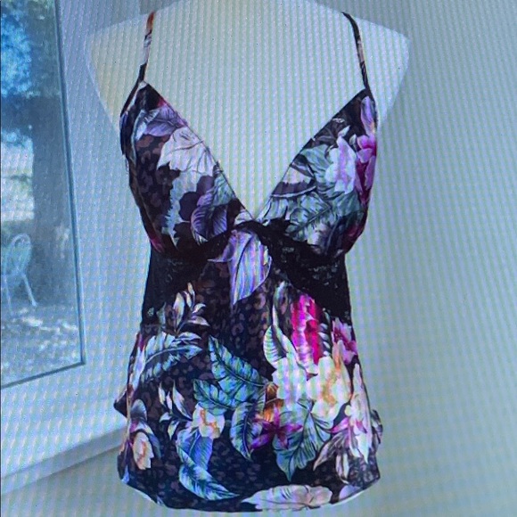 Linea Donatella Floral Cami Top Womens L Black Lace Trim Tropical Floral Print - Picture 1 of 1